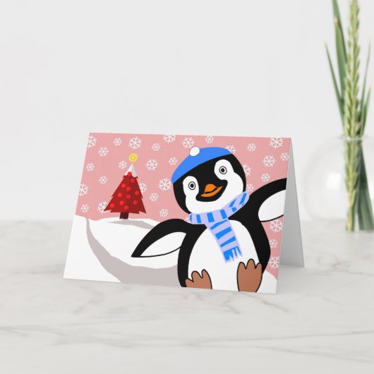 Vrolijk kerstfeest, Penguin Sliding Downhill Feestdagen Kaart (Voorkant)