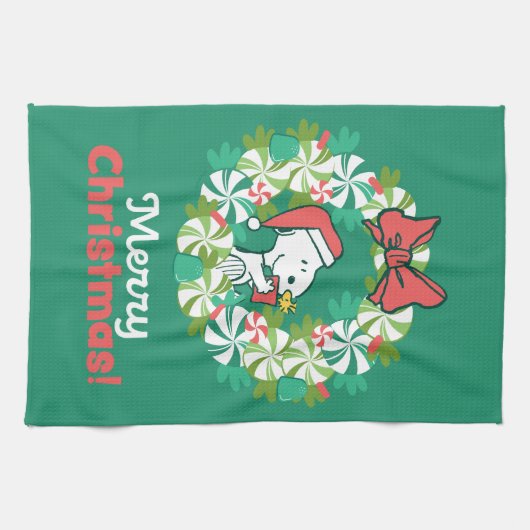 Vrolijk Kerstfeest Pepermunt Holiday Wreath Theedoek (Horizontaal)