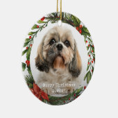 Vrolijk Kerstfeest Pet Foto Botanische Holly Krans Keramisch Ornament (Rechts)
