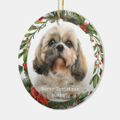 Vrolijk Kerstfeest Pet Foto Botanische Holly Krans Keramisch Ornament (Links)