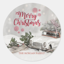 Vrolijk kerstfeest, pine boom, auto, Holly Berries Ronde Sticker