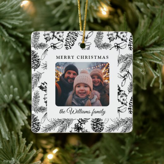 Vrolijk Kerstfeest Pine Cone Familiefoto Keramisch Ornament (Boom)