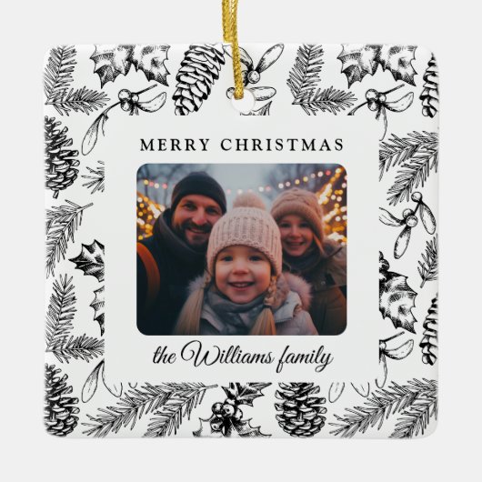 Vrolijk Kerstfeest Pine Cone Familiefoto Keramisch Ornament (Voorkant)