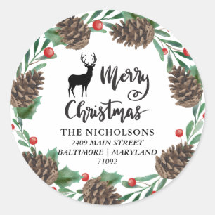 vrolijk kerstfeest   Pinecones Wreath Retouradres Ronde Sticker