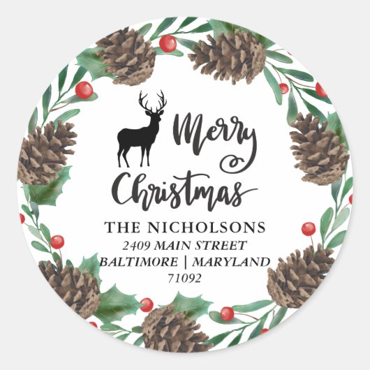 vrolijk kerstfeest | Pinecones Wreath Retouradres Ronde Sticker (Voorkant)