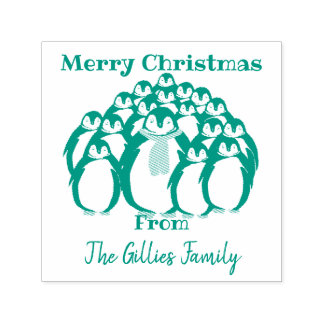 "Vrolijk kerstfeest" Pinguïn familie Zelfinktende Stempel