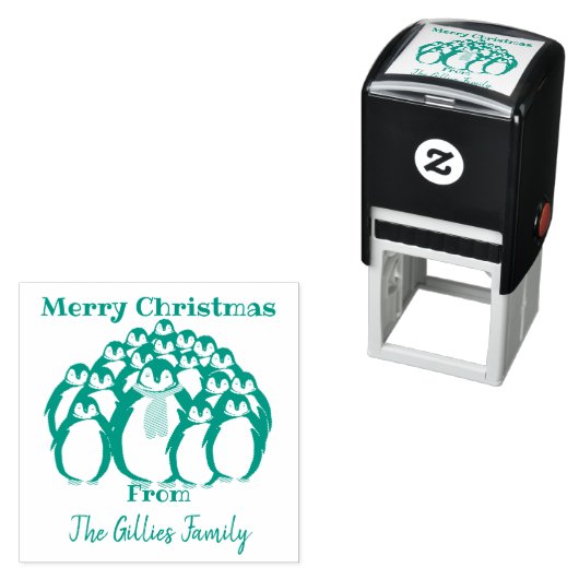 "Vrolijk kerstfeest" Pinguïn familie Zelfinktende Stempel (In situ)