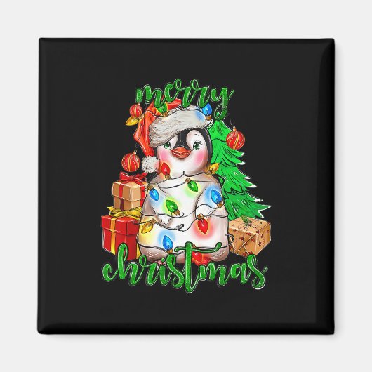 Vrolijk Kerstfeest Pinguïn Tree Lights Santa Hat F Magneet (Voorkant)