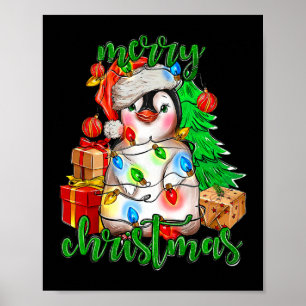 Vrolijk Kerstfeest Pinguïn Tree Lights Santa Hat F Poster