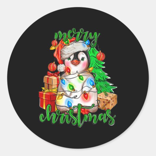 Vrolijk Kerstfeest Pinguïn Tree Lights Santa Hat F Ronde Sticker (Voorkant)