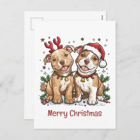 Vrolijk Kerstfeest Pit Bull Dogs Feestdagenkaart (Voorkant / Achterkant)