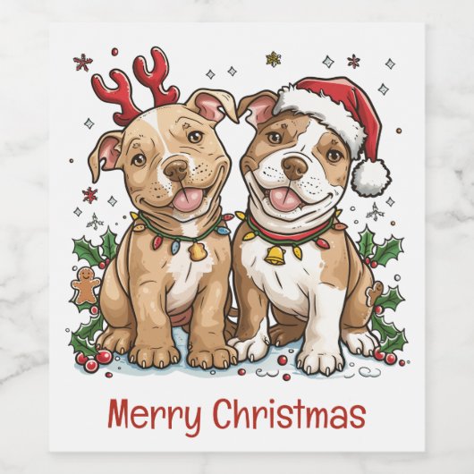 Vrolijk Kerstfeest Pit Bull Dogs Wijn Etiket (Enkel label)
