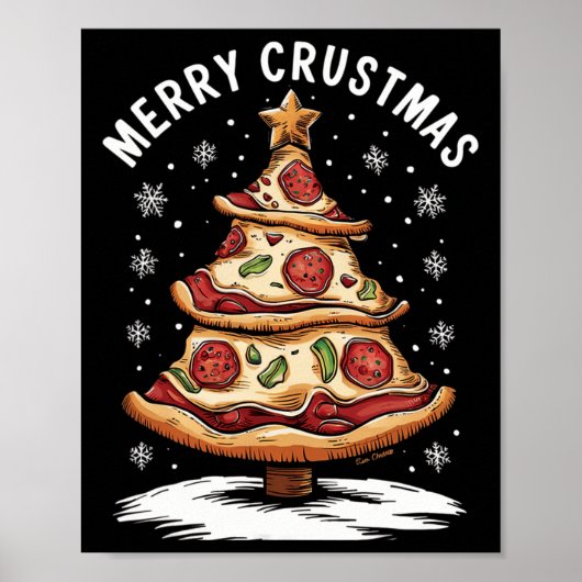 Vrolijk Kerstfeest Pizza Kerstboom Xmas Funny Piz Poster (Voorkant)