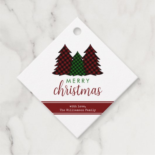 Vrolijk Kerstfeest Plaid Patroon Kerstboom Bedankjes Labels (Voorkant)
