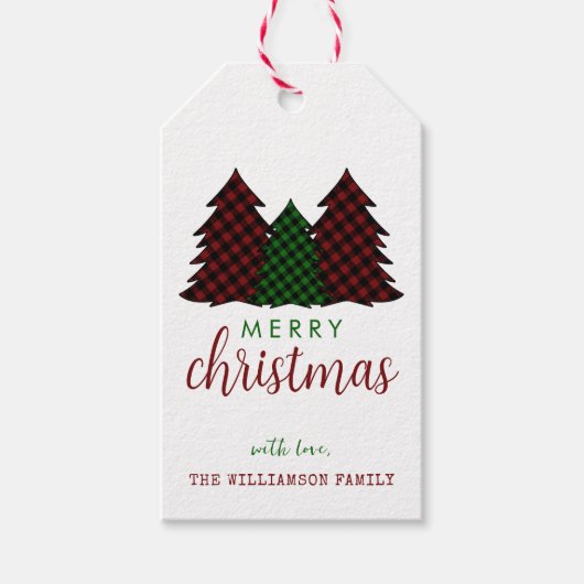 Vrolijk Kerstfeest Plaid Patroon Kerstboom Cadeaulabel (Voorkant)
