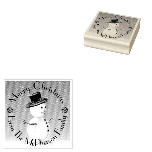 Vrolijk kerstfeest, plus je familienaam, sneeuwman rubberstempel (Gestempeld)
