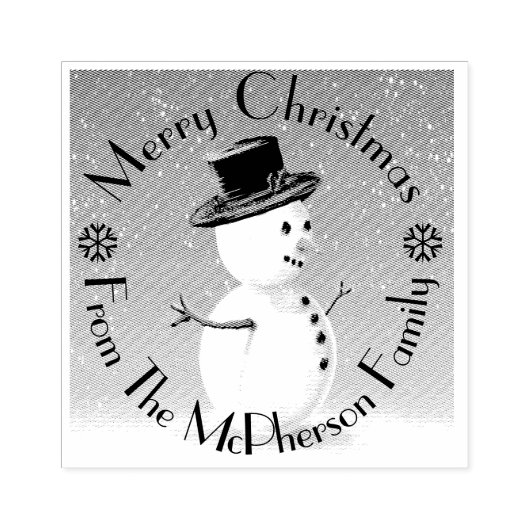 Vrolijk kerstfeest, plus je familienaam, sneeuwman rubberstempel (Afrduk)
