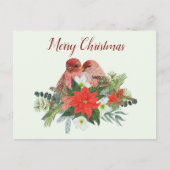 Vrolijk kerstfeest, Poinsettia en twee rode vogels Feestdagenkaart (Voorkant)