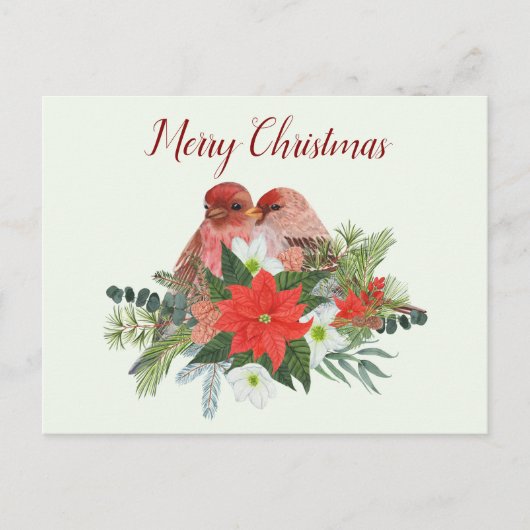 Vrolijk kerstfeest, Poinsettia en twee rode vogels Feestdagenkaart (Voorkant)