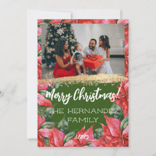 Vrolijk kerstfeest Poinsettia Familiefoto Feestdagenkaart