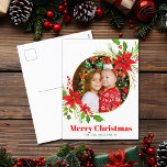 Vrolijk Kerstfeest Poinsettia Feestelijke Familief Feestdagenkaart<br><div class="desc">Een prachtige rode poinsettia bloem met hulst blad omcirkelt uw vierkant feestelijke familiefoto boven Merry Christmas. Heldere en vrolijke kinder foto vakantie briefkaarten met  bloemen en bladeren.</div>