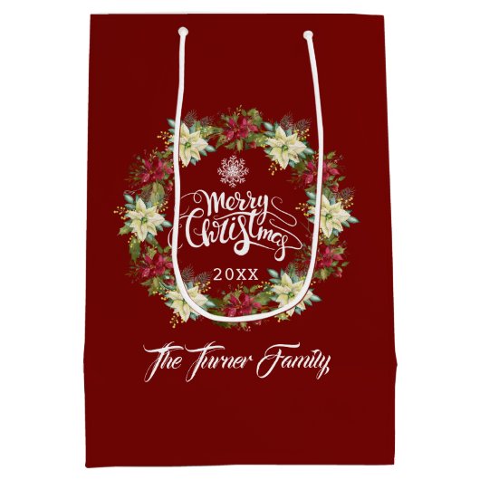 Vrolijk Kerstfeest Poinsettia Monogram Kerstmis Medium Cadeauzakje (Achterkant)