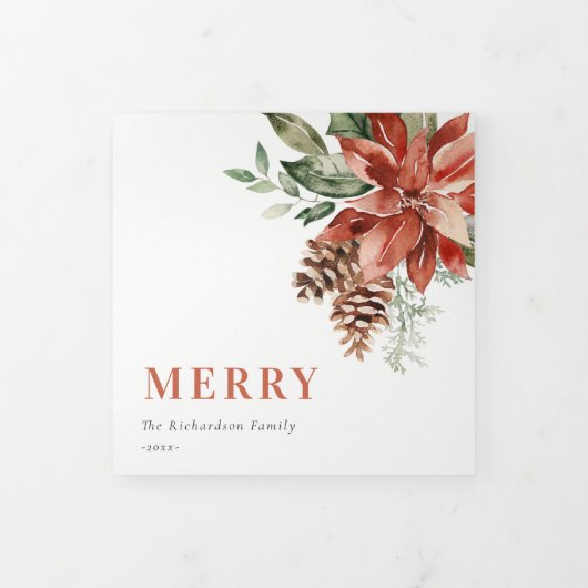 Vrolijk kerstfeest Poinsettia Pine 3 Foto Waterver Drieluik Wenskaart (Cover)
