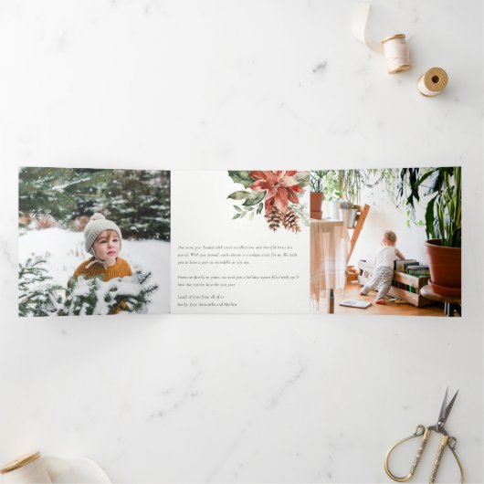 Vrolijk kerstfeest Poinsettia Pine 3 Foto Waterver Drieluik Wenskaart (Binnen)