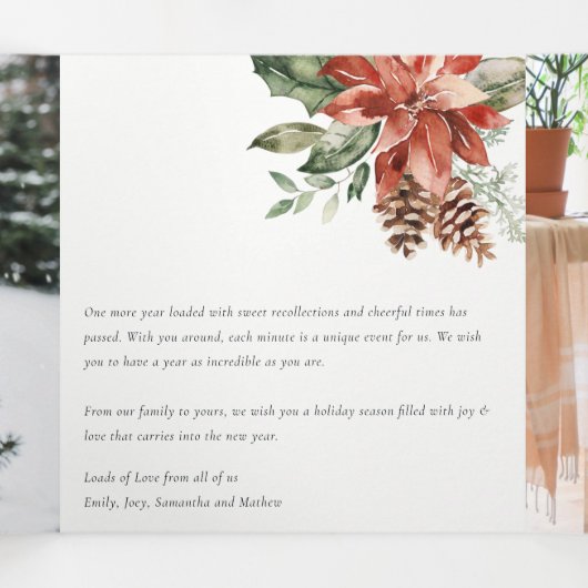 Vrolijk kerstfeest Poinsettia Pine 3 Foto Waterver Drieluik Wenskaart (Binnenkant midden)