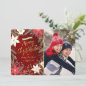 Vrolijk Kerstfeest Poinsettia & Pine Platte Fotoka Feestdagenkaart (Staand voorkant)