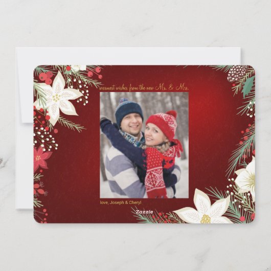 Vrolijk Kerstfeest Poinsettia & Pine Platte Fotoka Feestdagenkaart (Achterkant)