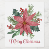 Vrolijk kerstfeest Poinsettia Red Floral Wijn Etiket (Enkel label)