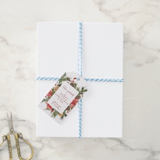 Vrolijk Kerstfeest poinsettia vakantie cadeau labe Cadeaulabel (Met Touw)