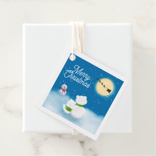 Vrolijk Kerstfeest Polar Beer & Cub Snowy Night Bedankjes Labels (In situ)