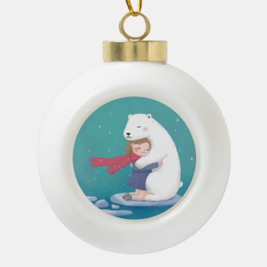 Vrolijk Kerstfeest: Polar Beer & Kind Illustratie Keramische Bal Ornament (Voorkant)