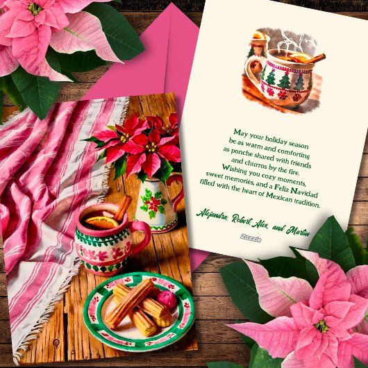Vrolijk Kerstfeest Ponche & Churros Roze Mexicaans Feestdagenkaart