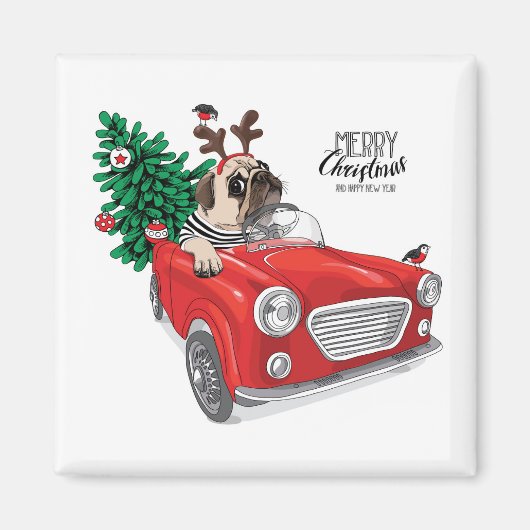 Vrolijk kerstfeest | Pug Driving Vintage Car Magneet (Voorkant)