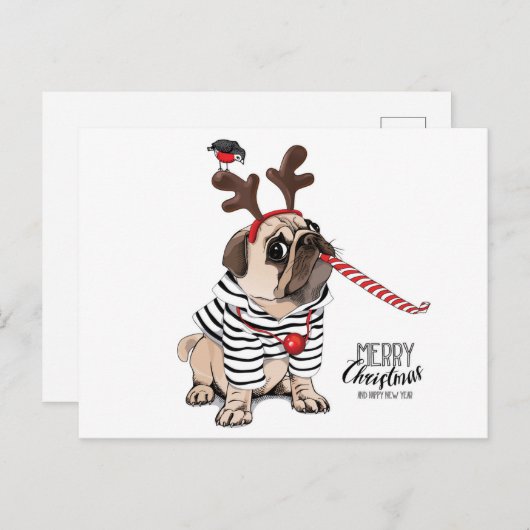 Vrolijk kerstfeest | Pug Reindester Briefkaart (Voorkant / Achterkant)