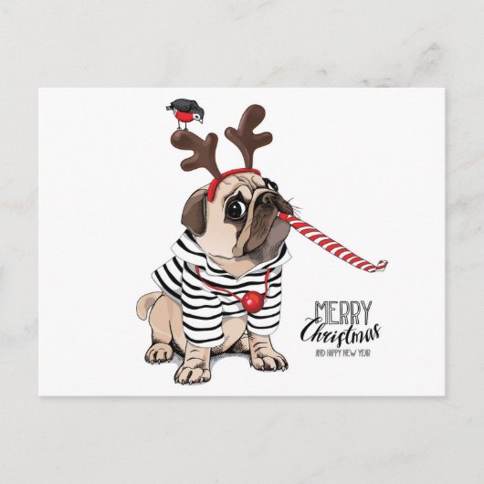 Vrolijk kerstfeest | Pug Reindester Briefkaart (Voorkant)