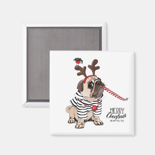 Vrolijk kerstfeest | Pug Reindester Magneet (Voorkant / Achterkant)