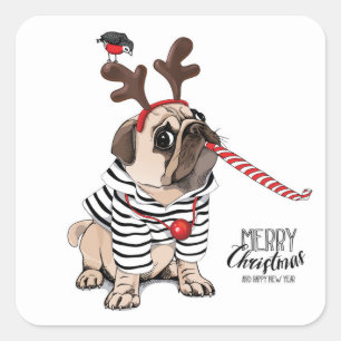 Vrolijk kerstfeest   Pug Reindester Vierkante Sticker