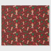 Vrolijk Kerstfeest Puppies Rood & Groen Bogen Naad Cadeaupapier (Vlak)