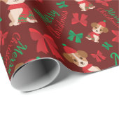 Vrolijk Kerstfeest Puppies Rood & Groen Bogen Naad Cadeaupapier (Rol Hoek)