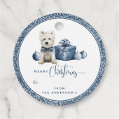 Vrolijk Kerstfeest, Puppy, Blauw en Zilveren Swirl Bedankjes Labels (Voorkant)