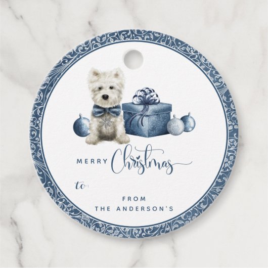 Vrolijk Kerstfeest, Puppy, Blauw en Zilveren Swirl Bedankjes Labels (Voorkant)