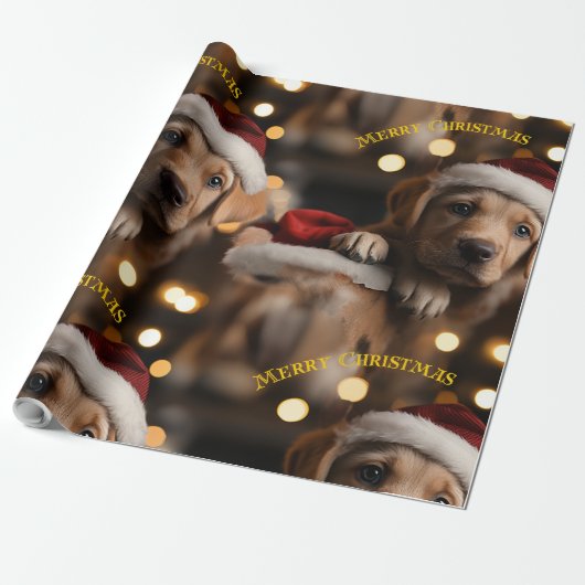 Vrolijk Kerstfeest puppy Cadeaupapier (Uitgerold)