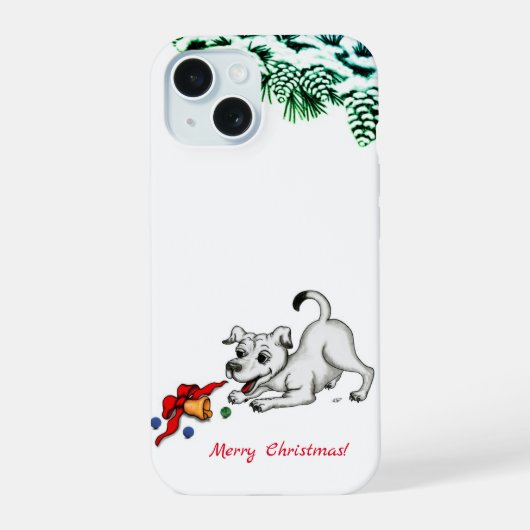 Vrolijk kerstfeest! Puppy met Bell en Ball iPhone 15 Case (Achterkant)