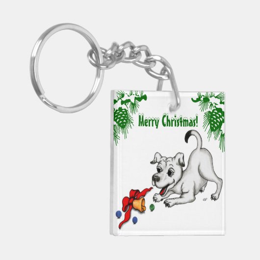 Vrolijk kerstfeest! Puppy met Bell en Ball Sleutelhanger (Voorkant Links)