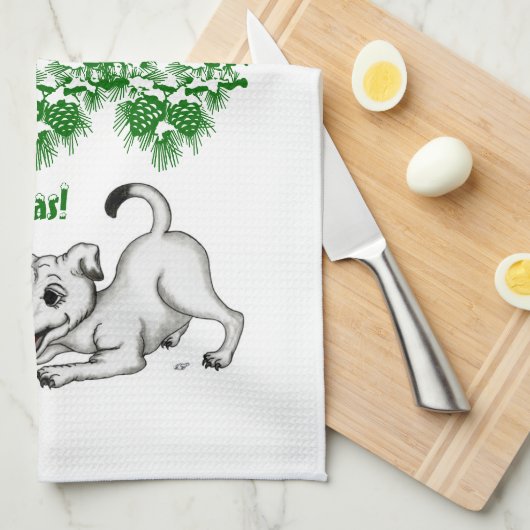 Vrolijk kerstfeest! Puppy met Bell en Ball Theedoek (Quarter Fold)