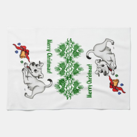 Vrolijk kerstfeest! Puppy met Bell en Ball Theedoek (Horizontaal)